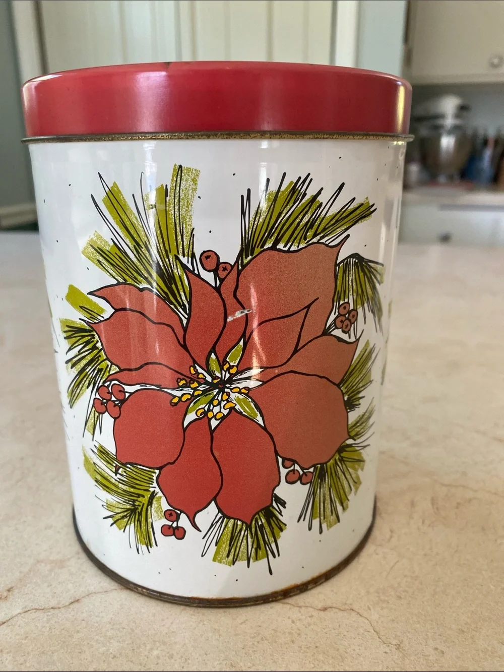 VINTAGE 80s Holiday Poinsettia Tin - Red Flower Design